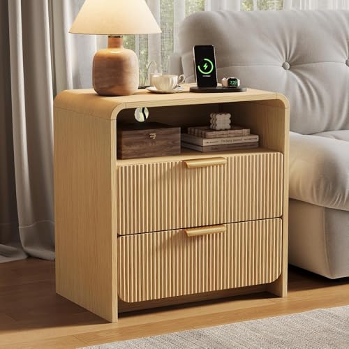 24" Fluted Nightstand with Charging Station, Bedside Table with Metal Handles, Night Stand with 2 Drawers and Open Shelf, End Table for Bedroom, Curved Profile, Natural Oak - color: Natural Oak-2 Drawers, size: 2 Drawers
