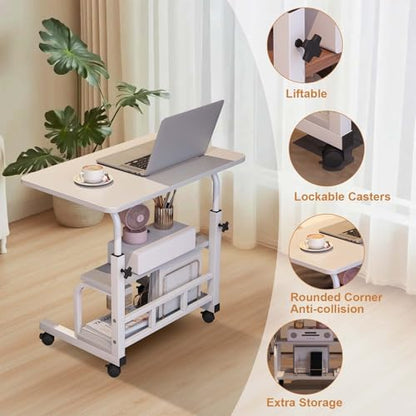 Adjustable Height Mobile Standing Desk with Wheels – Rolling Computer Desk – Storage Shelves – Compact Laptop Table – Home Office & Study - color: White 60 X 40cm