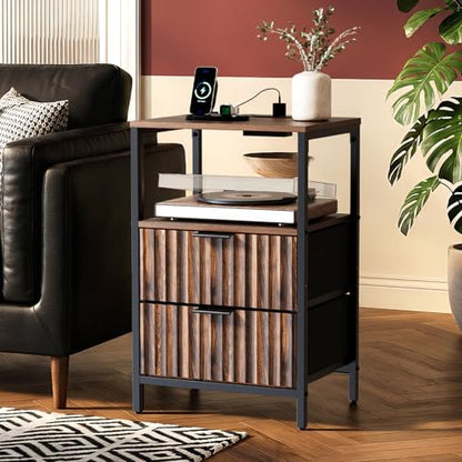 VINGLI Nightstands Set of 2 with Fabric Drawers, Walnut Nightstand with Charging Station, Night Stands Fluted Bedside Tables/End Tables with Charger Station, Side Table Bedroom, Small Night Stand - color: Walnut, size: 15"W-2 Drawer 1 Shelf