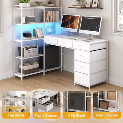 L Shaped Gaming Desk, 6 Drawer Computer Desk with Power Outlets, Reversible Corner Desk with Storage Shelves, Small L-Shaped Desk for Home Office, Space Saving Game Table, White
