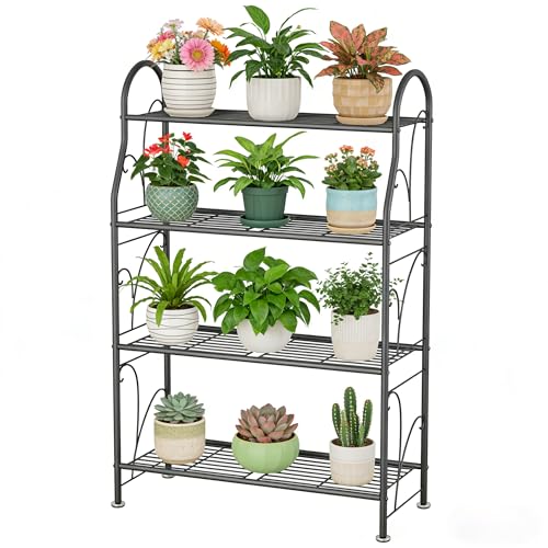 SORCEDAS Plant Stand Indoor Outdoor Plant Shelf 4 Tier Metal Corner Flower Stand Multiple Holder for Patio Garden Balcony Living Room, Dark Grey - size: 4 Tier-Dark Grey
