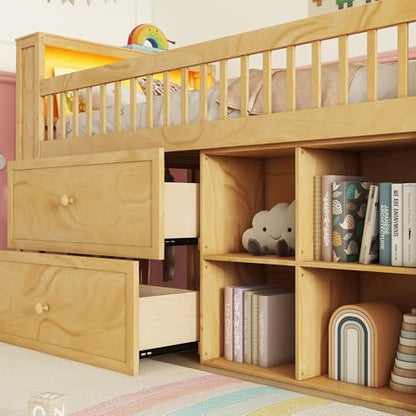 Twin Size Loft Bed with LED and Bookshelf, Wood Low Loft Bed with Stairs,Twin Loft Bed with Storage Drawers and Shelves, Natural