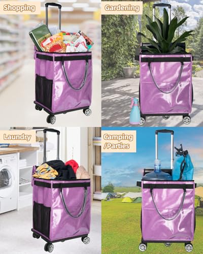 Reusable Grocery Bags on Wheels, Rolling Tote Bag, Starry Purple | for Groceries, Shopping, with Drawstring Bag 54L, Foldable, Laundry - color: Starry Purple