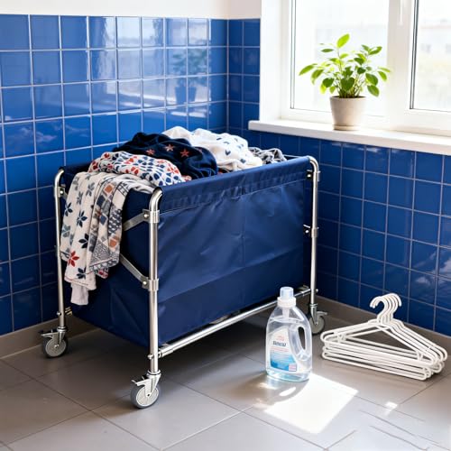 Industrial Laundry Cart with Wheel 12 Bushel (400l) Commercial Collapsible Laundry Hamper Large Heavy Duty Rolling Basket Waterproof Laundry Trucks for Home Organizer Storage - color: Blue
