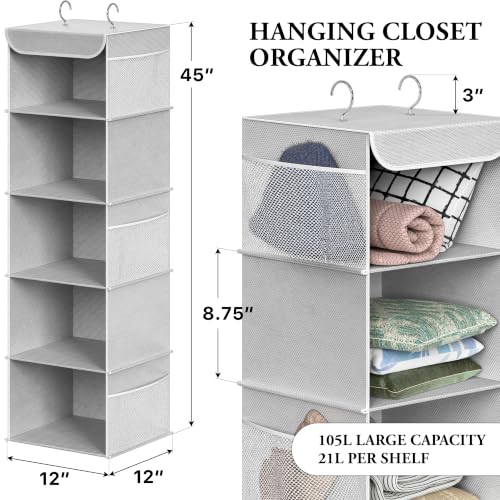 Simple Houseware 5 Shelf Hanging Closet Organizer, Gray - color: Grey, size: 5 Shelf