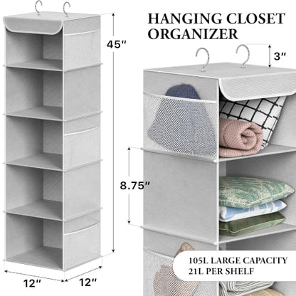 Simple Houseware 5 Shelf Hanging Closet Organizer, Gray - color: Grey, size: 5 Shelf