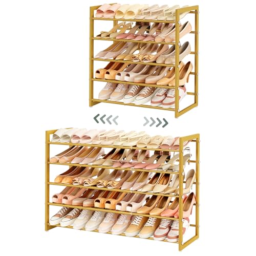 FAVOOSTY 5-Tier Expandable Shoe Rack, Adjustable Shoe Shelf Storage Organizer Space Saving Metal Free Standing Shoe Rack for Entryway Closet Doorway, Gold (Gold, 5 Tier) - color: Gold, size: 5 Tier