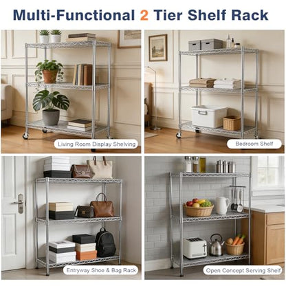 Adjustable 3-Tier Metal Wire Shelves on Wheels,35.4x17.7 x36.5(WxDxH) | Heavy Duty Standing Storage Rack with Lockable Wheels, Wire Shelving Unit for Garage, Kitchen, Office, Pantry,Laundry - color: 3-tier Chrome-35.4"x17.7" X36.5"(wxdxh)