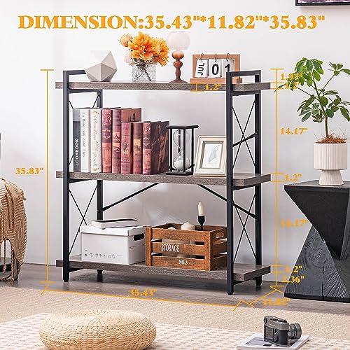 HCHQHS Bookshelf, 3-Tier Industrial Bookcase, Rustic Open Book Shelf, Freestanding Horizontal Bookshelves with Metal Frame - color: Grey, size: 3-Tier (35.8"W x 35.8"H)