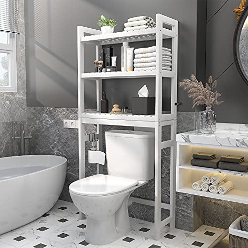 Homykic Over The Toilet Storage, Bamboo Over Toilet Bathroom Organizer Rack, Freestanding Bathroom Shelves Above Toilet Storage with 3 Hooks, Bathroom Space Saver, No Rust, Easy to Assemble, White - color: White
