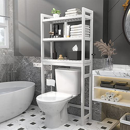 Homykic Over The Toilet Storage, Bamboo Over Toilet Bathroom Organizer Rack, Freestanding Bathroom Shelves Above Toilet Storage with 3 Hooks, Bathroom Space Saver, No Rust, Easy to Assemble, White - color: White