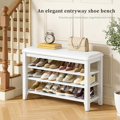 Shoe Bench with 3 Tier Adjustable Shelves Rubberwood Entryway 31.5'' - color: White, size: 31.5''