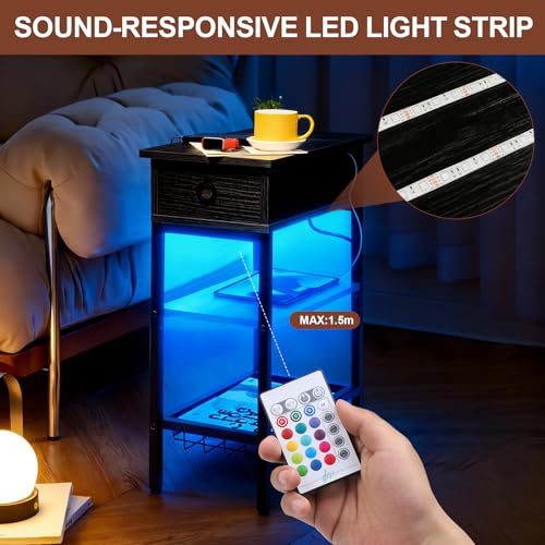 Narrow Nightstand with LED Light, Black End Tables with Charging Station, LED Side Table Living Room with Drawer Storage, Small Bedside Table with Ports and Outlets for Gaming Room - color: Classic Black With Light, style: Modern
