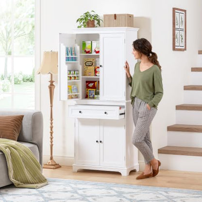 Spirich 71-Inch Tall Kitchen Pantry Cabinet with 2 Slide-Out Racks, White | Large Center Drawer, 6 Built-In Door Shelves, Stemware Rack, 1 Adjustable Shelf, Water-Based Finish, FSC-Certified Wood