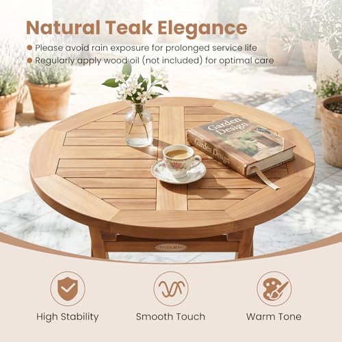 Tangkula 24-Inch Teak Wood Folding Outdoor Table, Round Patio Table with Sturdy X-Frame, Space Saving Outside Bistro Table for Deck, Porch, Poolside, Balcony & Garden - size: 24"