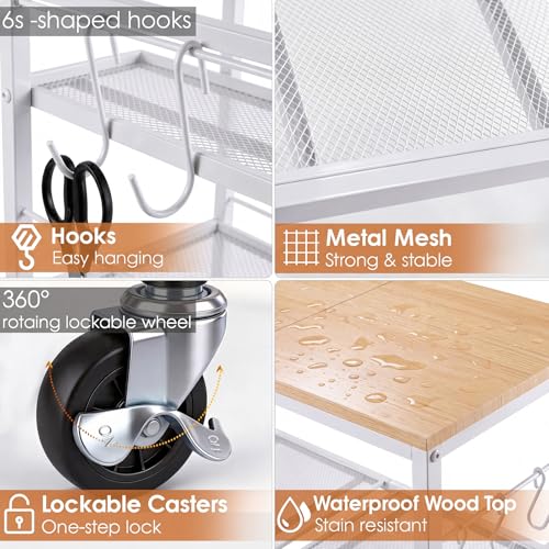 Rolling Kitchen Microwave Cart, 3-Tier Cart with Lockable Casters, 6 S Hooks for Towels, Rolling Kitchen Storage Rack, Space Saving Stand for Small Kitchen, Apartment, Coffee Bar - color: White
