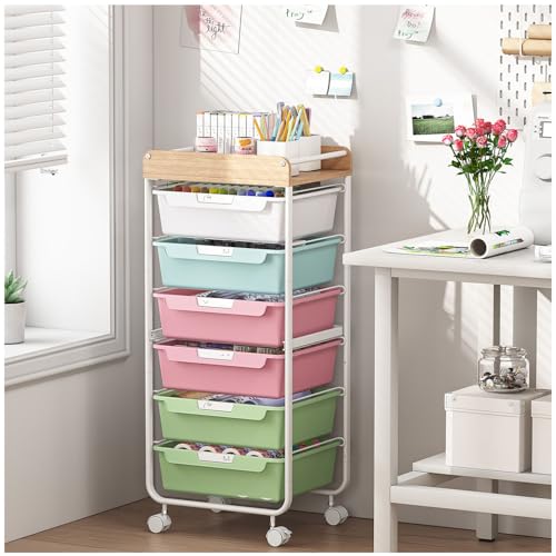 SYKIARIOL Rolling Cart with 6 Drawers,Utility Storage Cart with Drawers,Art Craft Organizers and Storage,Makeup Organizer with Wooden Tabletop,Colorful - color: Colorful, size: 6-Drawers
