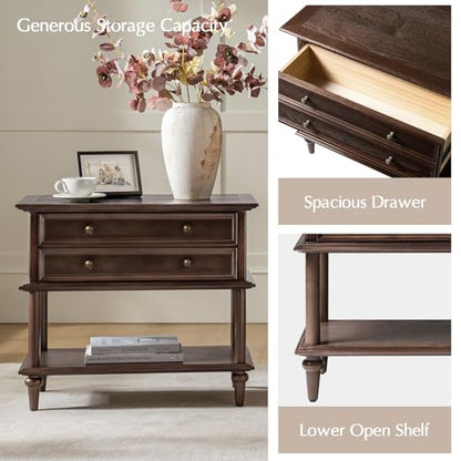HULALA HOME Farmhouse Nightstand with Drawer & Open Shelf, Natural Wood End Table with Solid Wood Legs, 28.4'' Wide Sofa Side Table with Charging Station(Walnut) - color: Walnut