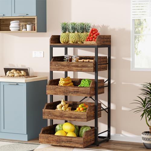 Tribesigns Wood Fruit and Vegetable Storage Rack, 5-Tier Pull-Out Snack Stand Fruit Basket Stand, Utility Shelf Organizer for Kitchen, Living Room, Bedroom, Rustic Brown - color: Brown, size: 1