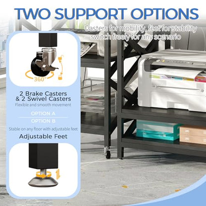 METYERRY Large Printer Stand with Power Outlet, with Height Adjustable Storage Shelf, 3 Tier Rolling Printer Cart with Industrial Wheels, 23.6 x 23.6 Inches Printer Table for Home Office,Black - color: Black