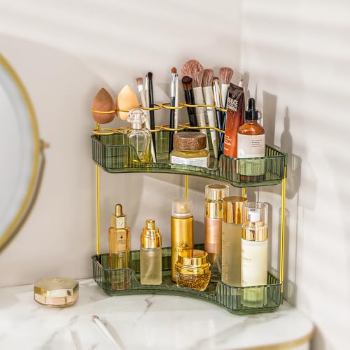 Upgraded 2-Tier Corner Bathroom Countertop Organizer – Spacious Storage for Makeup, Skincare & Perfumes, Built-in Brush Holder Fits Vanity/Dresser/Bsthtub (Sage Green) - color: Sage Green, size: Upgraded-2 Tier