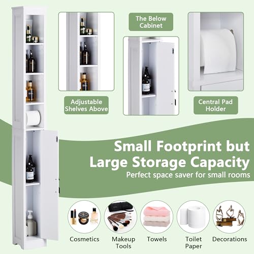 VECELO Narrow Bathroom Storage Cabinet with 3 Adjustable Shelves, 71" Tall Freestanding Cabinet with Toilet Paper Holder, Slim Tower Cabinet with Magnetic Door, for Small Spaces, White - color: Shelf Top