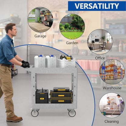 Large Garage Plastic Utility Cart, Heavy Duty 2 Shelf Tool Cart Service Cart Rolling Push Carts with Ergonomic Handle 5" Swivel Casters. - color: Gray, size: 34 x 17 Inch