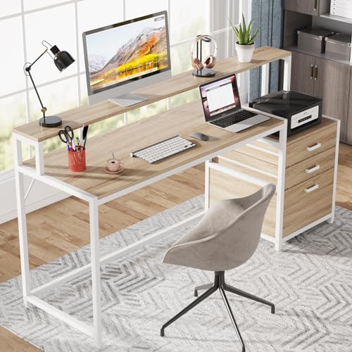 Tribesigns 63 Inch Computer Desk with File Drawer Cabinet, Ergonomic Office Desk with Monitor Stand, Industrial Computer Table with Printer Space, Wood PC Table Workstation Desk for Home Office - color: Walnut