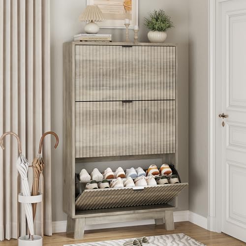 Xixini Shoe Cabinet with 3 Flip Drawers, 54" Tall Narrow Fluted Shoe Storage Organizer for Entryway, Hidden Slim Wooden Shoe Rack Cabinet for Front Door Entrance, Hallway, Living Room, Light Grey - color: Light Grey, size: 3 Flip Drawers