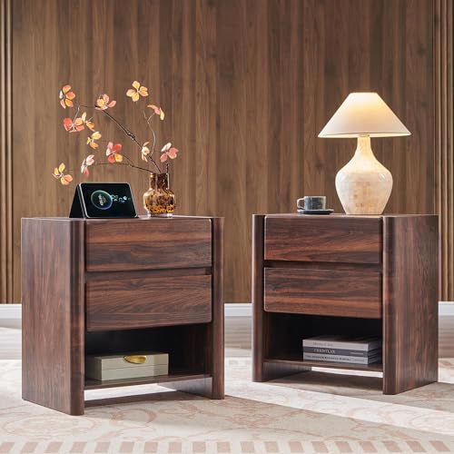 25" Tall Modern Nightstand Set of 2, 23.6" W Night Stand with Charging Station & 2 Storage Drawers & Open Shelf, Wood Nightstands w/Rounded Corner Design for Bedroom (Brown) - color: Brown, size: 2 Drawers