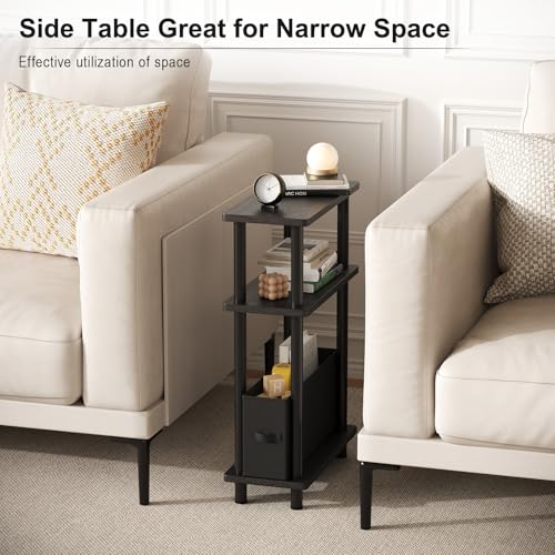 Apicizon Small Narrow Side Table, 3-Tier Skinny End Table withFabric Basket, Slim Nightstand Bedside Table for Small Spaces, Living Room, Bderoom, Black - color: Black, style: Narrow Side Table with Basket