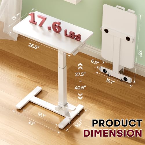 Foldable Mobile Standing Desk, 27 Inch Small Rolling Laptop Cart Height Adjustment, 90° Tiltable Bedside Table, No Assembly Needed Portable Computer Workstation, White - color: White
