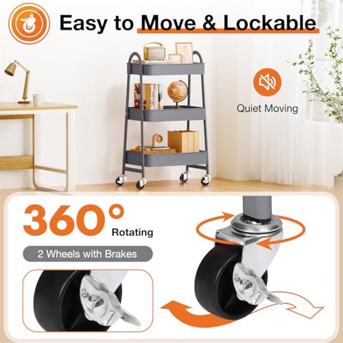 3-Tier Metal Rolling Utility Cart, Small Rolling Cart Kitchen Trolley Bathroom Laundry Room Bar Office Shelves Storage Organizer Shelving Unit with Caster Wheels for Narrow Places, Grey - color: Gray