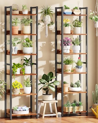 Furologee Book Shelf Set of 2, 6 Tier Tall Shelf with Drawer, Bookshelves and Bookcases Set of 2, Industrial Display Shelving Unit for Bedroom, Living Room, Home Office, Rustic Brown - color: Rustic Brown, size: 6 Tier-2 PCS