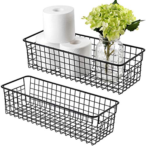 Sheechung Farmhouse Decor Metal Wire Storage Organizer Bin Basket(2 Pack) - Rustic Toilet Paper Holder - Storage Organizer for Bathroom, kitchen cabinets,Pantry, Laundry Room, Closets, Garage (Black) | 2 Pack Large Hanging Basket, Farmhouse Decor Storage