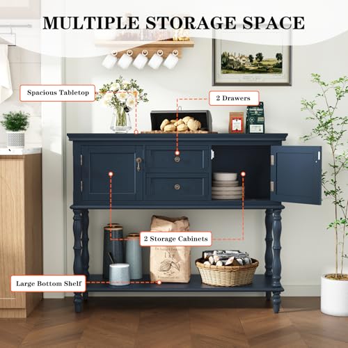 ARTPOWER Console Table with 2 Drawers, Retro Entryway Table with 2 Door Cabinets and Open Storage Shelf, Narrow Long Behind Couch Sofa Table for Living Room, Foyer, Hallway, Blue - color: Blue