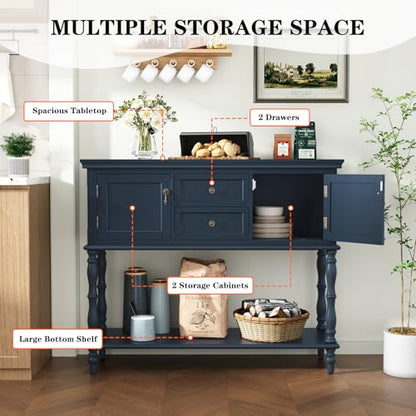 ARTPOWER Console Table with 2 Drawers, Retro Entryway Table with 2 Door Cabinets and Open Storage Shelf, Narrow Long Behind Couch Sofa Table for Living Room, Foyer, Hallway, Blue - color: Blue