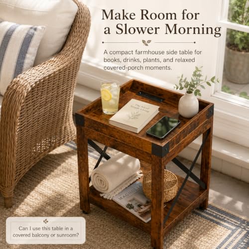 Farmhouse Side Table with Charging Station,2-Tier Square End Table | 2-Tier Shelf Modern Sofa Couch Table Bedside Nightstand With X-Frame for Living Room Bedroom Office Small spaces,Rustic Brown - color: Rustic Brown, style: With Outlets