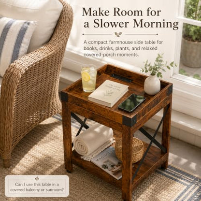 Farmhouse Side Table with Charging Station,2-Tier Square End Table | 2-Tier Shelf Modern Sofa Couch Table Bedside Nightstand With X-Frame for Living Room Bedroom Office Small spaces,Rustic Brown - color: Rustic Brown, style: With Outlets
