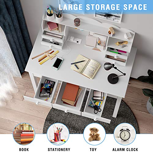 ADORNEVE White Home Office Desk with 7 Drawers and Hutch | Writing Desk, Student Desk Study Table, Small White Desks, Solid Pine Wood Legs - color: White, size: 36.2*19inch