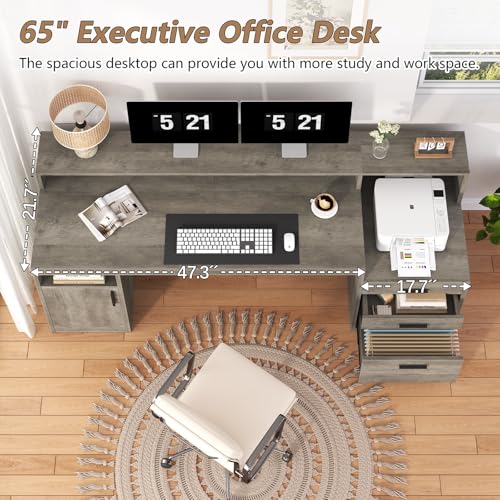 YOMILUVE Executive Computer Desk with 3 Drawers & Storage Shelves, 65 Inch Home Office Desk with File Drawer & Cabinet, Writing Study Desks with Monitor Stand & Printer Shelf, Executive Desk, Grey - color: Grey