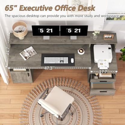 YOMILUVE Executive Computer Desk with 3 Drawers & Storage Shelves, 65 Inch Home Office Desk with File Drawer & Cabinet, Writing Study Desks with Monitor Stand & Printer Shelf, Executive Desk, Grey - color: Grey