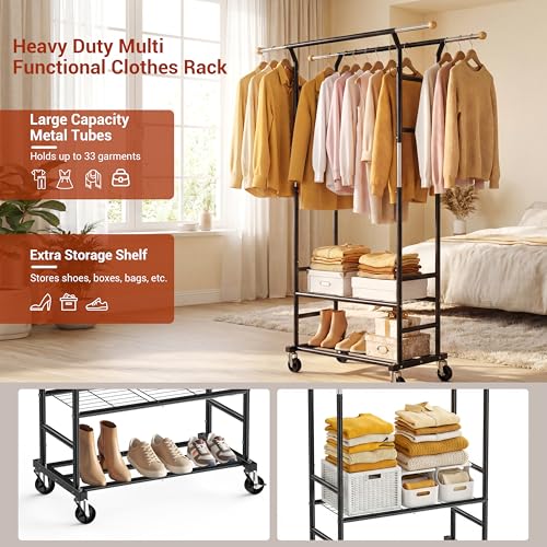 Clothes Rack with 3-Level Height Adjustment - Double Rod Extendable Hanging Rails with Wooden Finials, Luxury 2-Tier Metal Storage Shelves - Sturdy Wardrobe Rack for Closet, Bedroom or Laundry - color: 2-Tier (68.5 H")