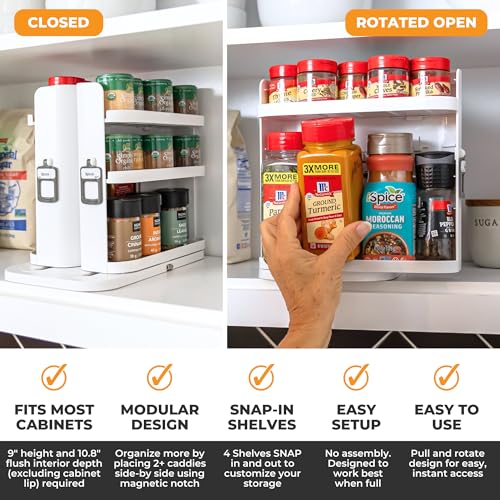 Spice Rack Organizer for Cabinet, 4 Adjustable Shelves | 4 Snap-In Adjustable Shelves, 8.9"H x 6.1"W x 10.8"D, Magnetic Modular Connect, Pivot-Up Shelves, Small Things Tray, No Tools