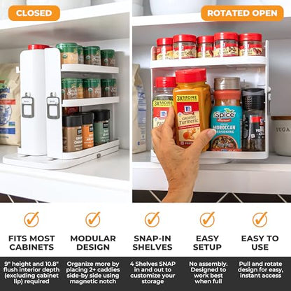 Spice Rack Organizer for Cabinet, 4 Adjustable Shelves | 4 Snap-In Adjustable Shelves, 8.9"H x 6.1"W x 10.8"D, Magnetic Modular Connect, Pivot-Up Shelves, Small Things Tray, No Tools