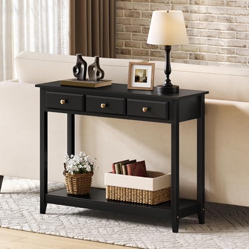 Yaheetech Console Table with 3 Drawers, Wood Entryway Table with Storage Shelf, Sofa Tables Narrow Long for Living Room, Entryway, Hallway, Foyer, Black - color: Black