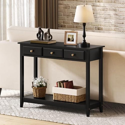Yaheetech Console Table with 3 Drawers, Wood Entryway Table with Storage Shelf, Sofa Tables Narrow Long for Living Room, Entryway, Hallway, Foyer, Black - color: Black