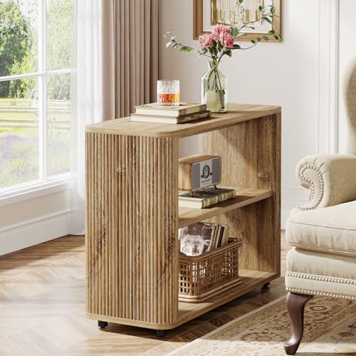 Tribesigns 3-Tier Narrow End Table, Fluted Nightstand, Bedside Table | Storage Shelves, Farmhouse Style, For Living Room, Bedroom, Small Spaces, Sofa Couch, Natural
