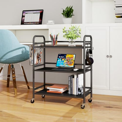 HDANI 3 Tier Metal Rolling Utility Cart,High Capacity Multi Purpose Heavy Duty Cart for Office,Kitchen,Living Room,Bedroom,Black - color: Black, size: Large with Basket
