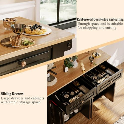 Kitchen Island with Drop Leaf, Rolling Mobile Kitchen Island on Wheels with Drawer and Storage Cabinet, Spice Rack, Towel Bar, Black - size: 51.2" W, style: Black